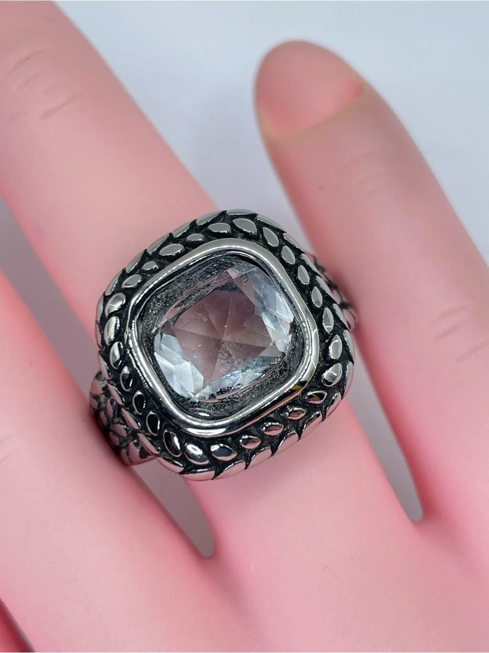 Silver Tone Clear Crystal Glass Cable Statement Ring Vintage Gothic Style